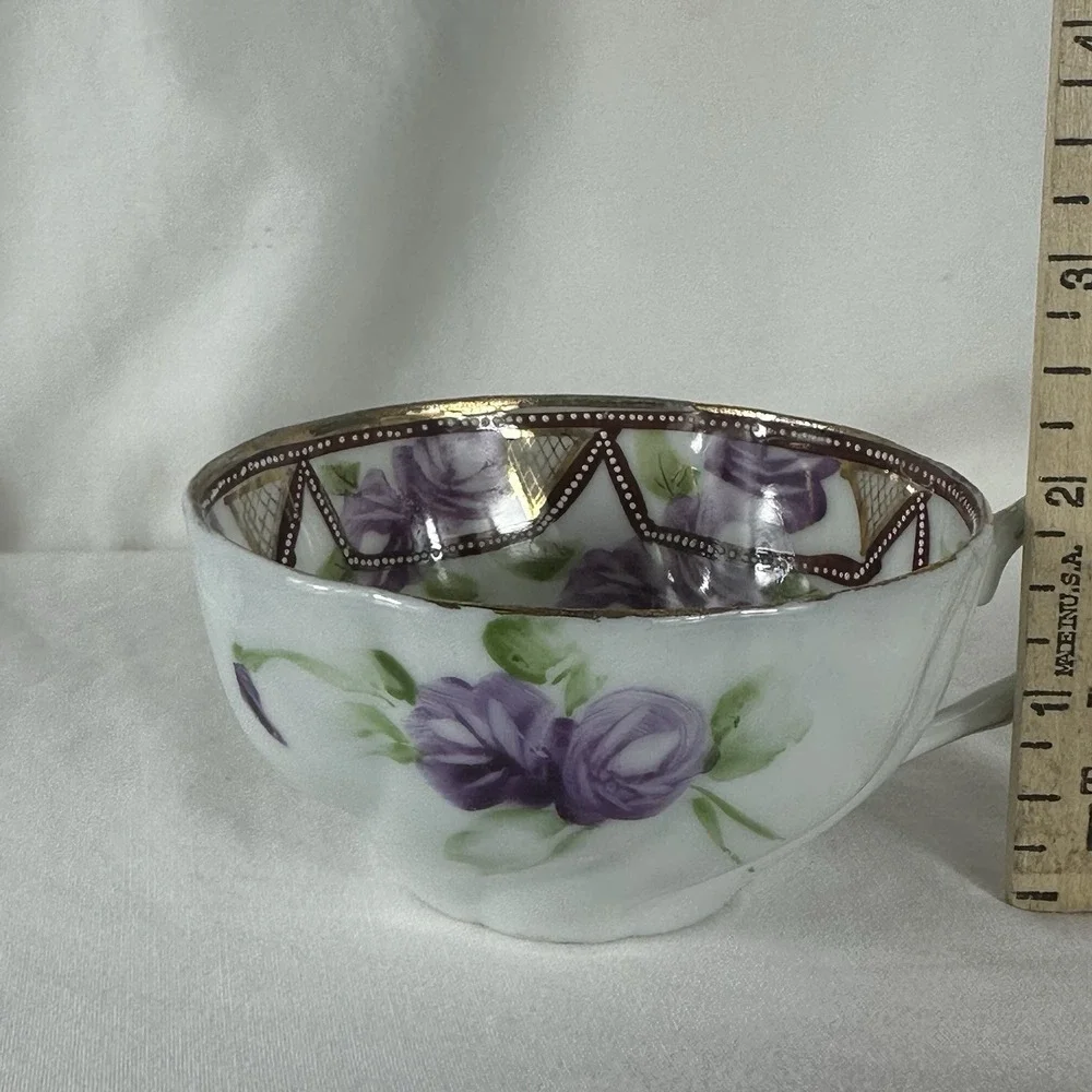 Antique‎ Nippon Hand Painted Teacup Saucer Duo Purple Rose Moriage 1911 Morimura